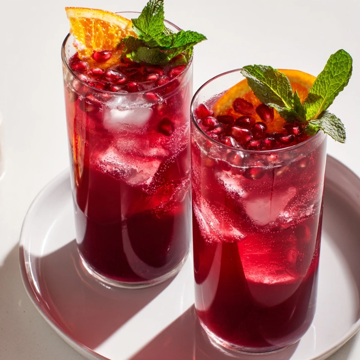 Chilled Love Potion Pomegranate Fizz Mocktail featuring sparkling water and fresh juices, served in a elegant glass with vibrant garnishes.