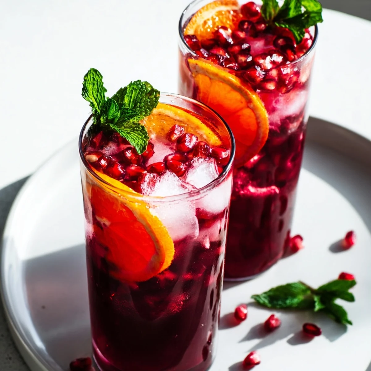 Fizzy, non-alcoholic Love Potion Pomegranate Fizz Mocktail garnished with ruby pomegranate seeds and a citrus wheel, ready for a romantic toast.