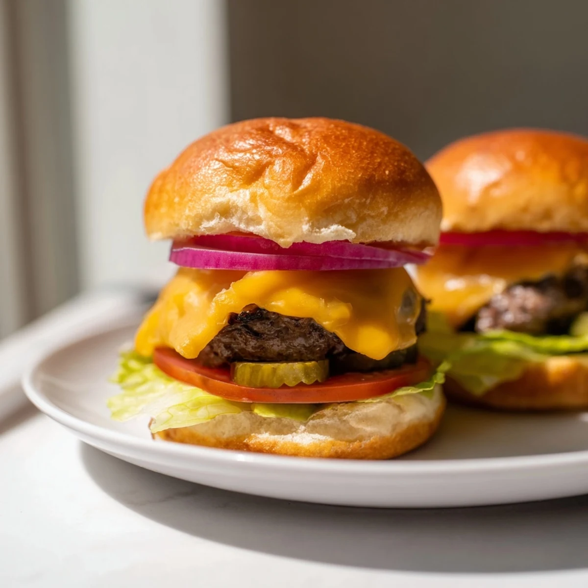 Beef Sliders with Cheddar Cheese garnished with crisp lettuce, tomato, and pickles for a classic American party snack.