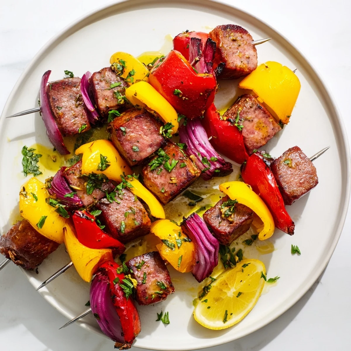 Juicy grilled beef sausage skewers with colorful bell peppers and charred edges, served hot with lemon wedges.