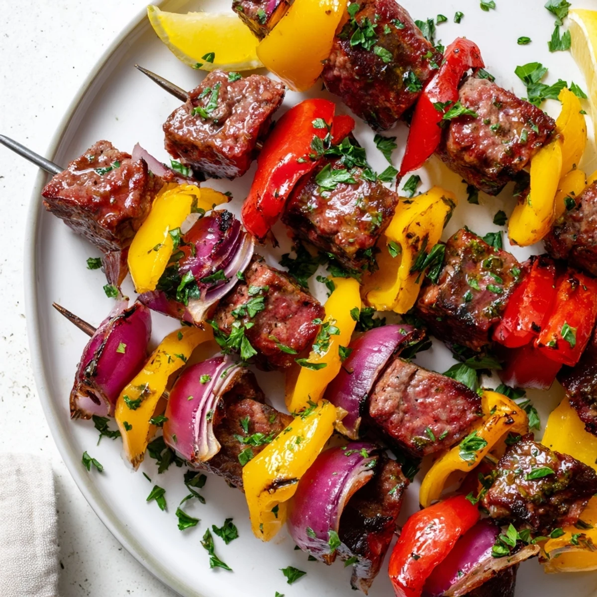 Beef Sausage Skewers with Peppers sizzling on a grill, releasing savory aromas and smoky, caramelized vegetable flavors.