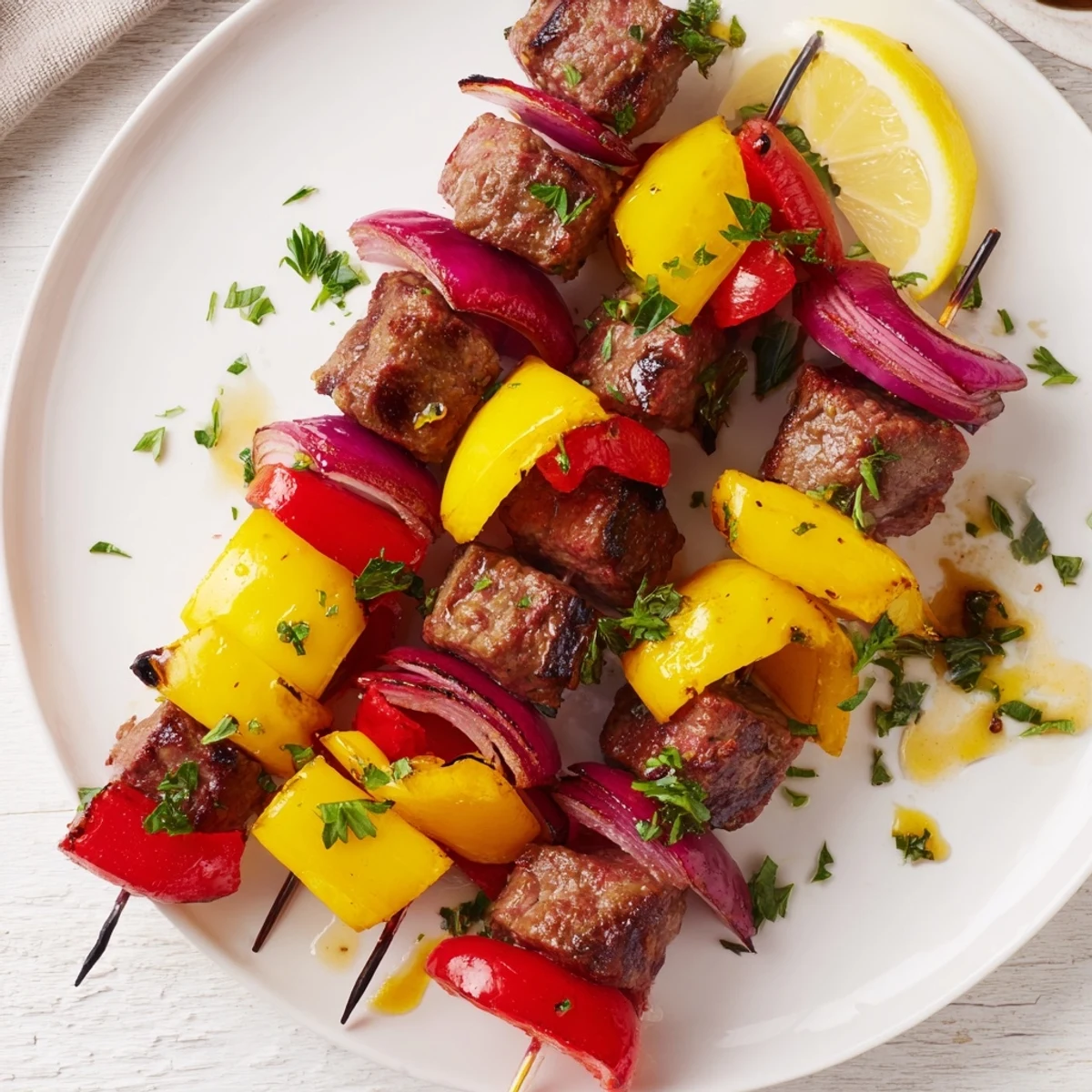 Close-up of Beef Sausage Skewers with Peppers, glistening with marinade and garnished with fresh parsley on a platter.