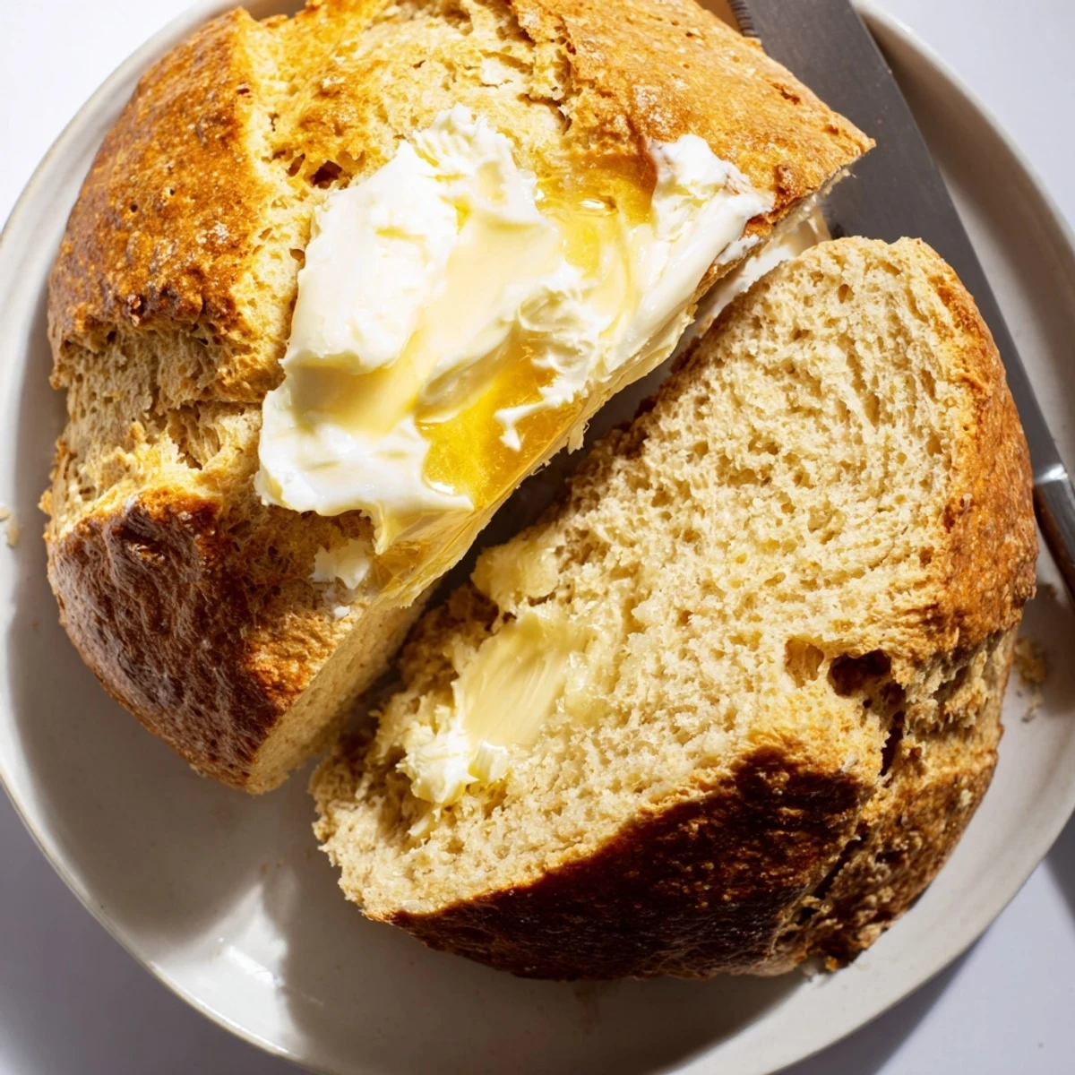 A freshly baked Soda Bread loaf with a rustic golden crust and deep cross cut, ready to slice.