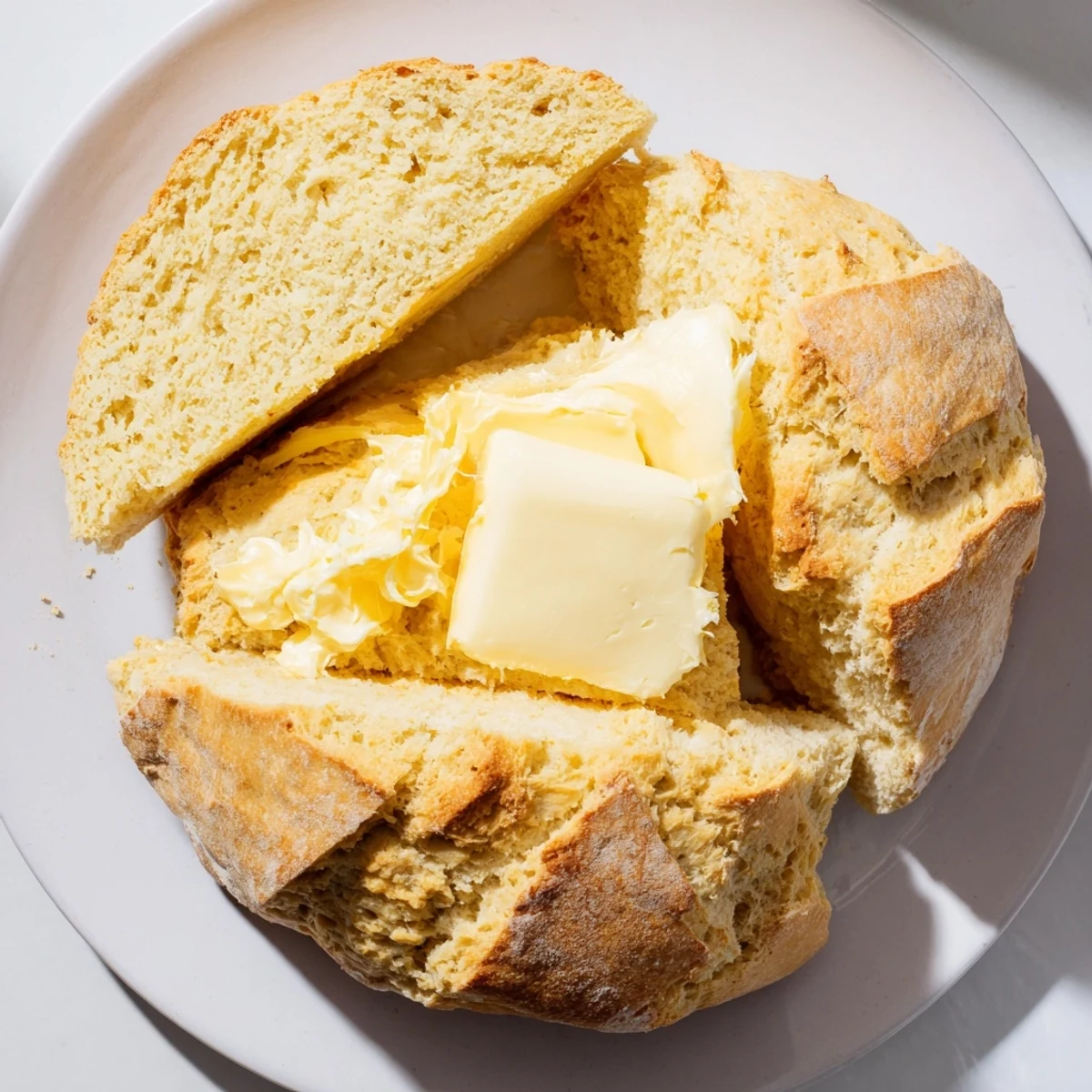 Warm Soda Bread with Irish butter melting into its tender, flaky crumb on a rustic wooden board.