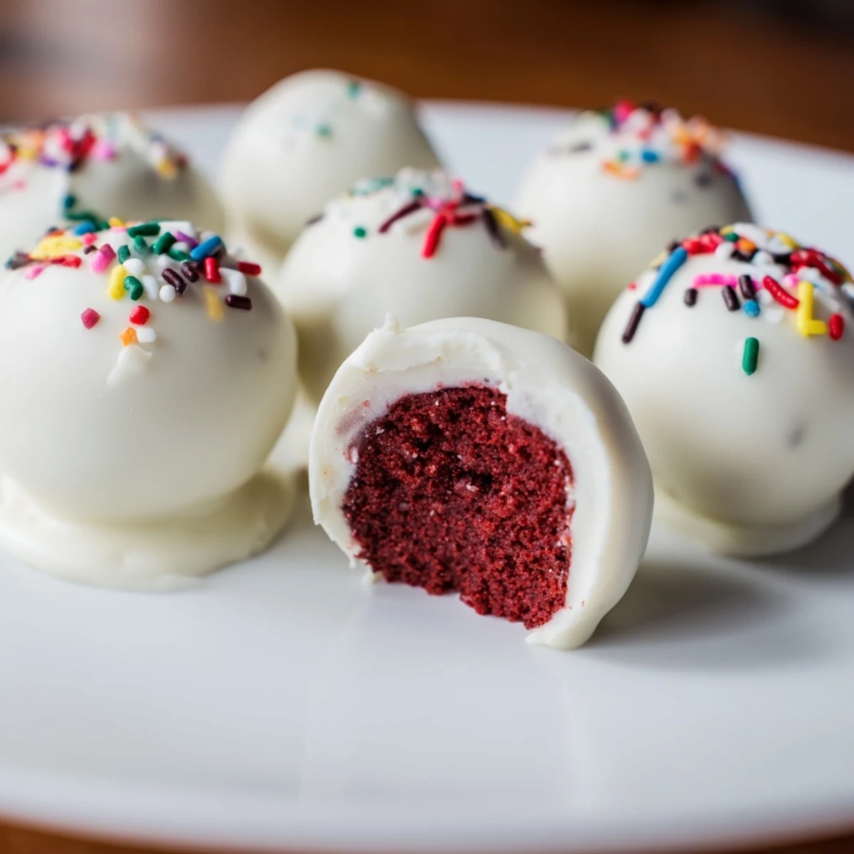 Stacked Red Velvet Cake Pops with a smooth white chocolate coating and colorful sprinkles.