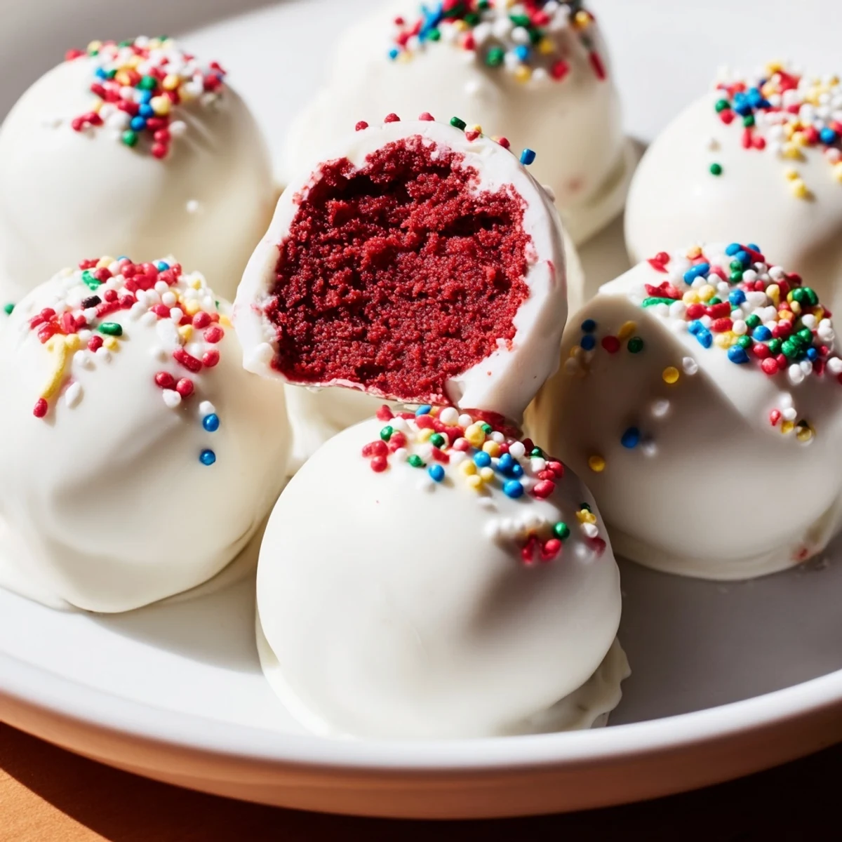 Close-up of a Red Velvet Cake Pop bite revealing its rich cream cheese frosting center.