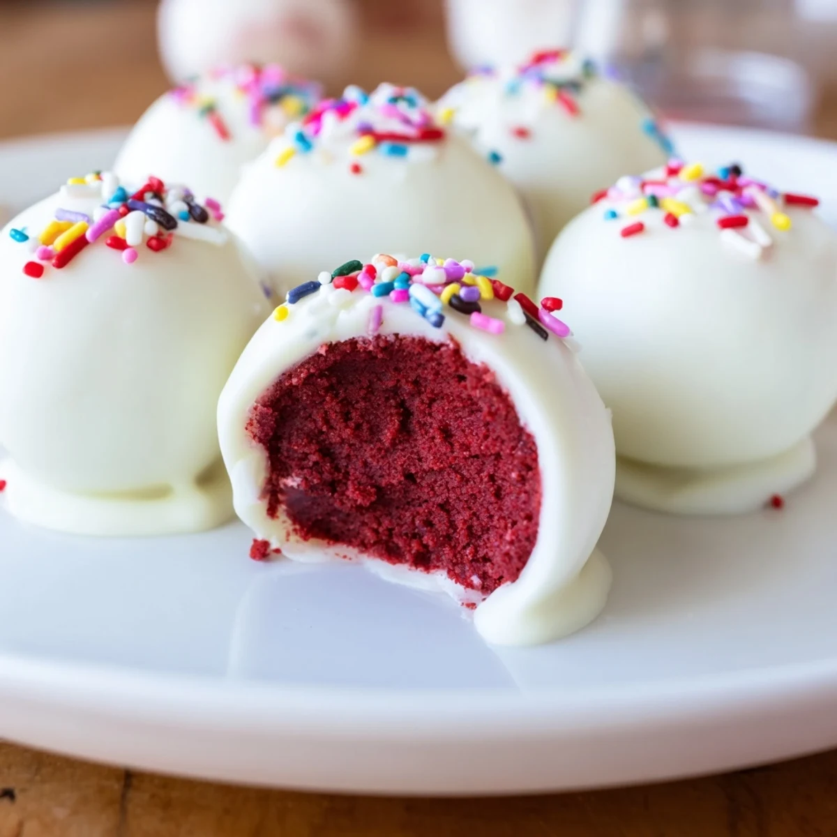 Moist red velvet cake pops dipped in creamy white chocolate on a marble surface.