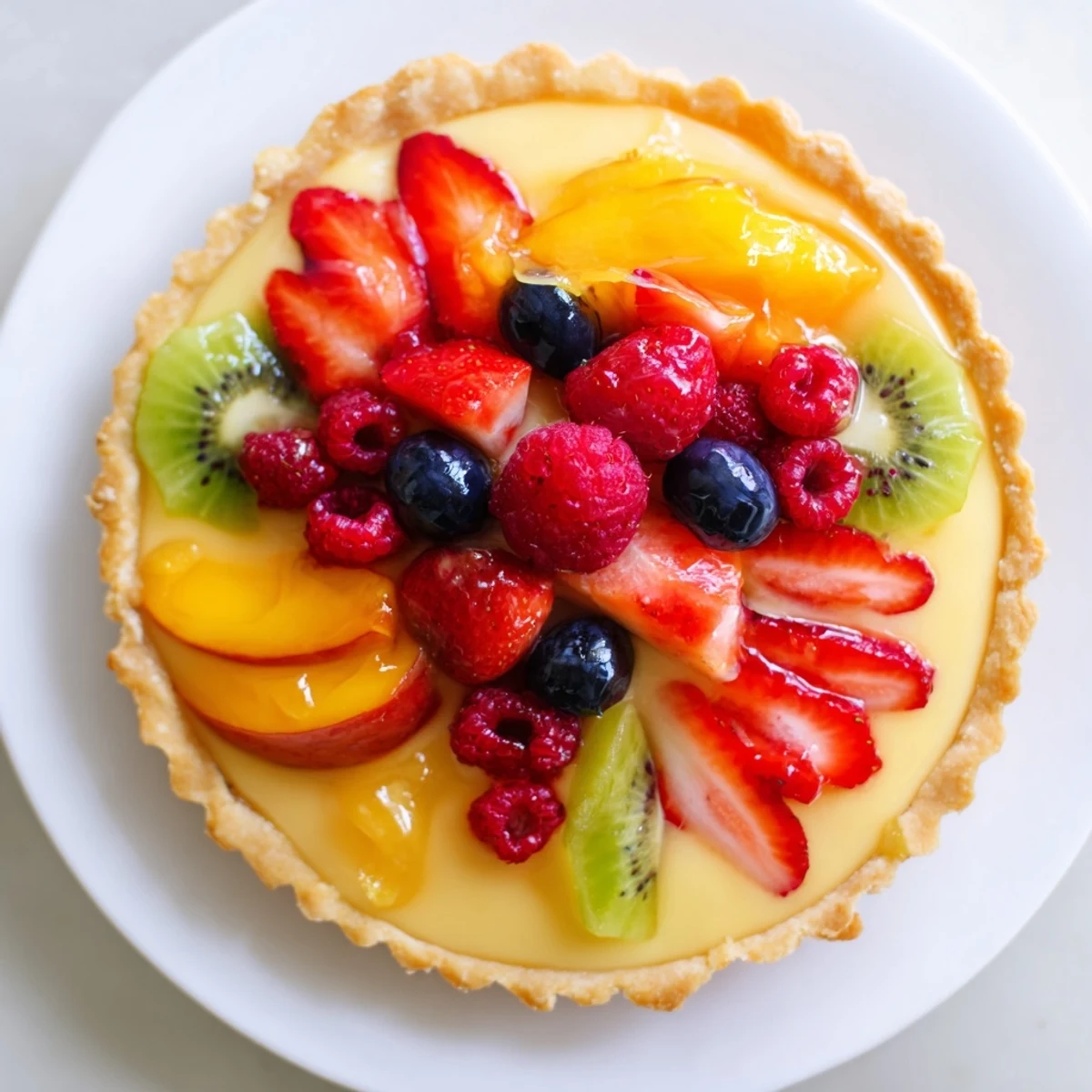 Golden slices of the classic Fruit Tart with Vanilla Custard showcase a crisp buttery crust, silky custard filling, and vibrant, glossy fresh fruit arranged decoratively.