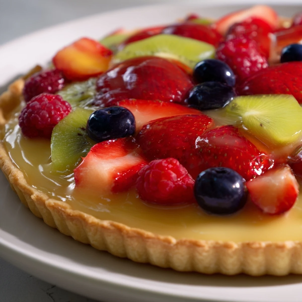Perfectly glazed Fruit Tart with Vanilla Custard rests on a white plate, topped with assorted seasonal berries and kiwi, ideal for a special occasion dessert.