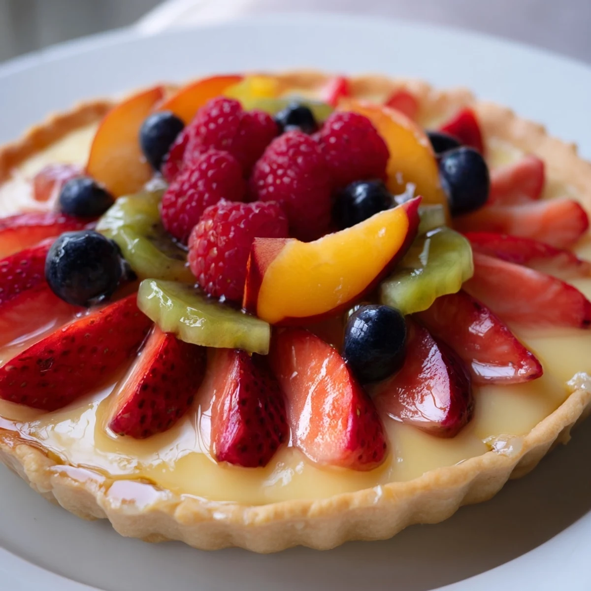Close-up of a Fruit Tart with Vanilla Custard reveals luscious vanilla crème pâtissière and a colorful mosaic of ripe strawberries, blueberries, and raspberries.