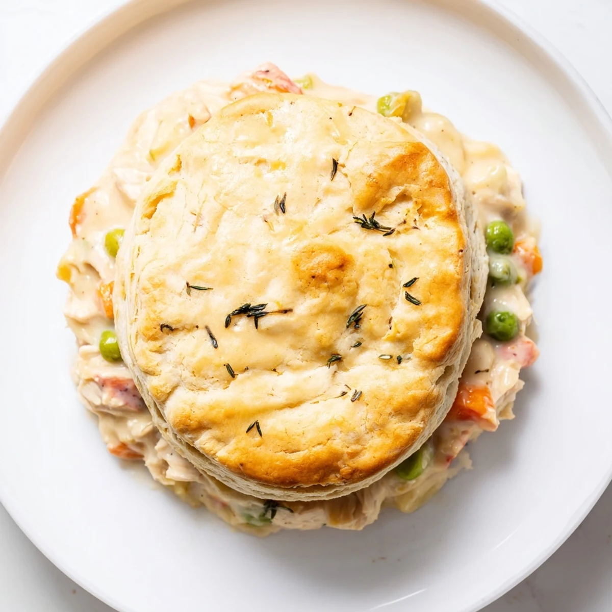Homemade chicken pot pie with biscuit crust, featuring a creamy filling and golden, flaky topping, fresh from the oven.