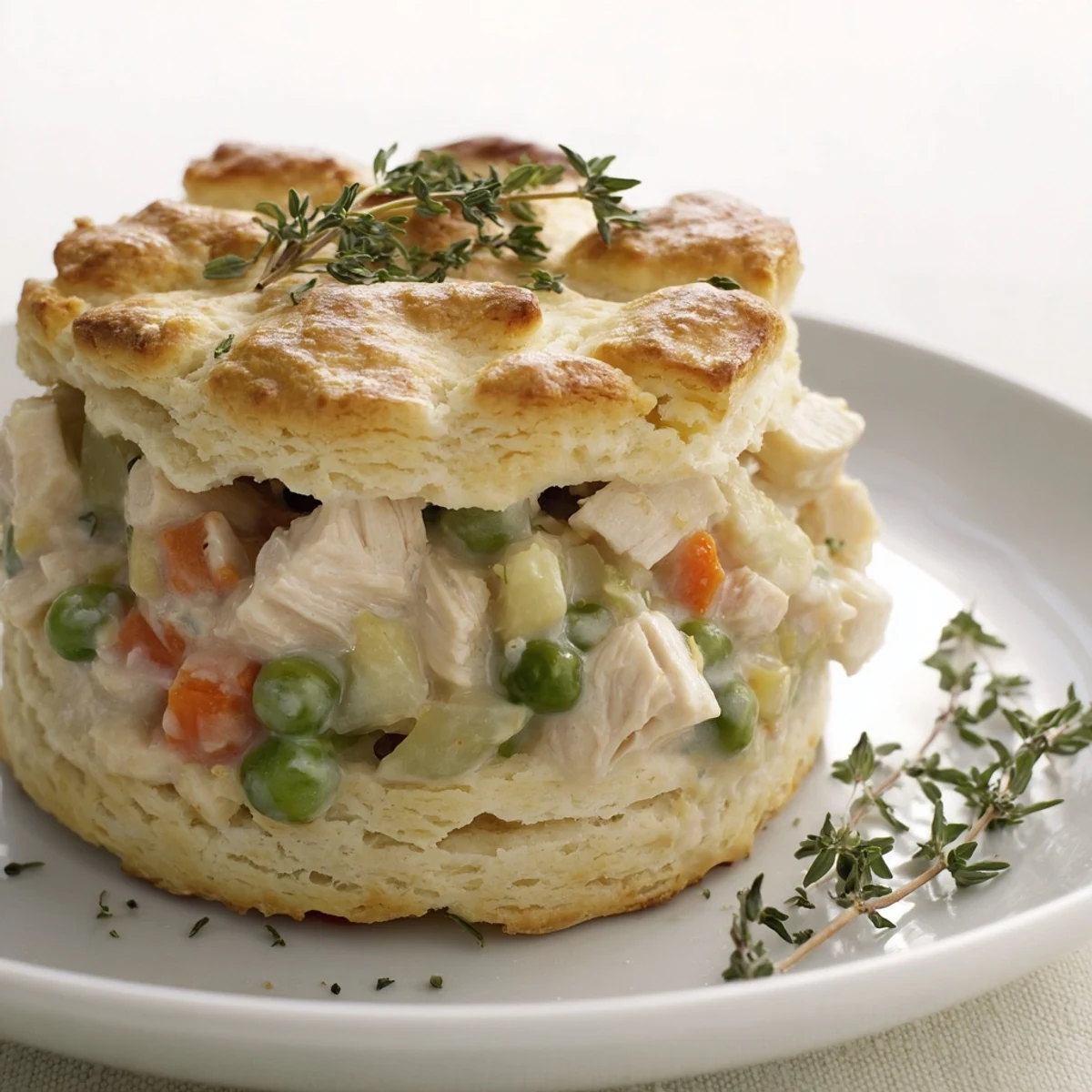 A close-up of golden biscuit-topped chicken pot pie, steaming beside a rustic wooden spoon and fresh thyme sprigs.