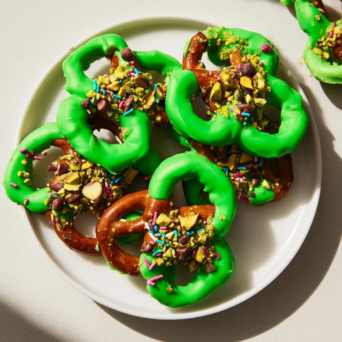 Bright green chocolate-covered pretzel treats ready to serve on a dessert platter, sweet and salty bite-sized snacks.