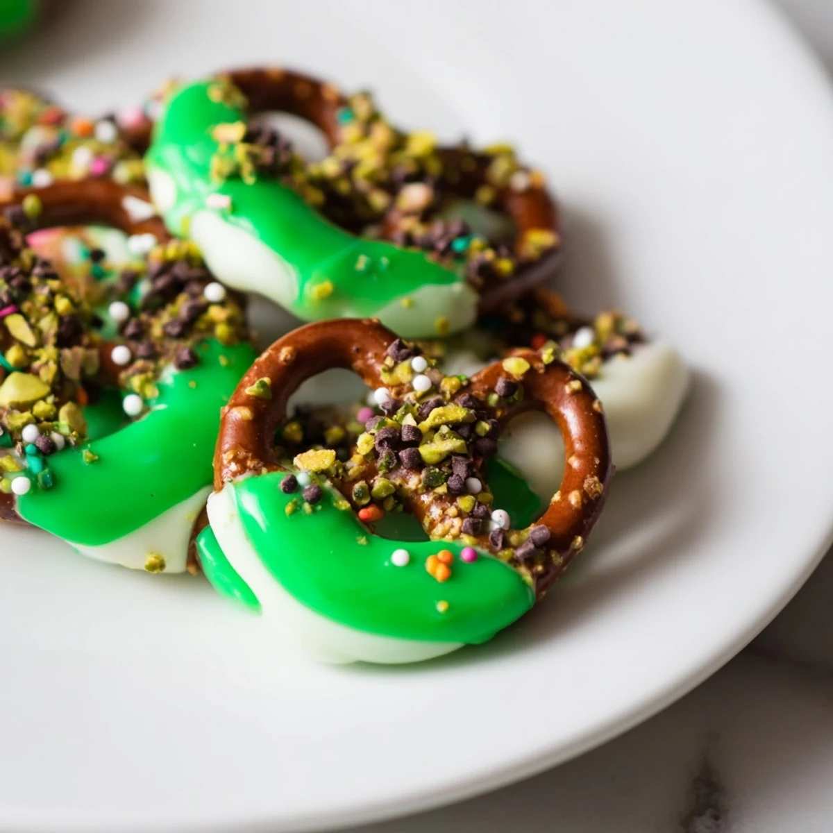 Crunchy pretzels coated in sweet green chocolate, topped with pistachios and sprinkles for a festive snack.