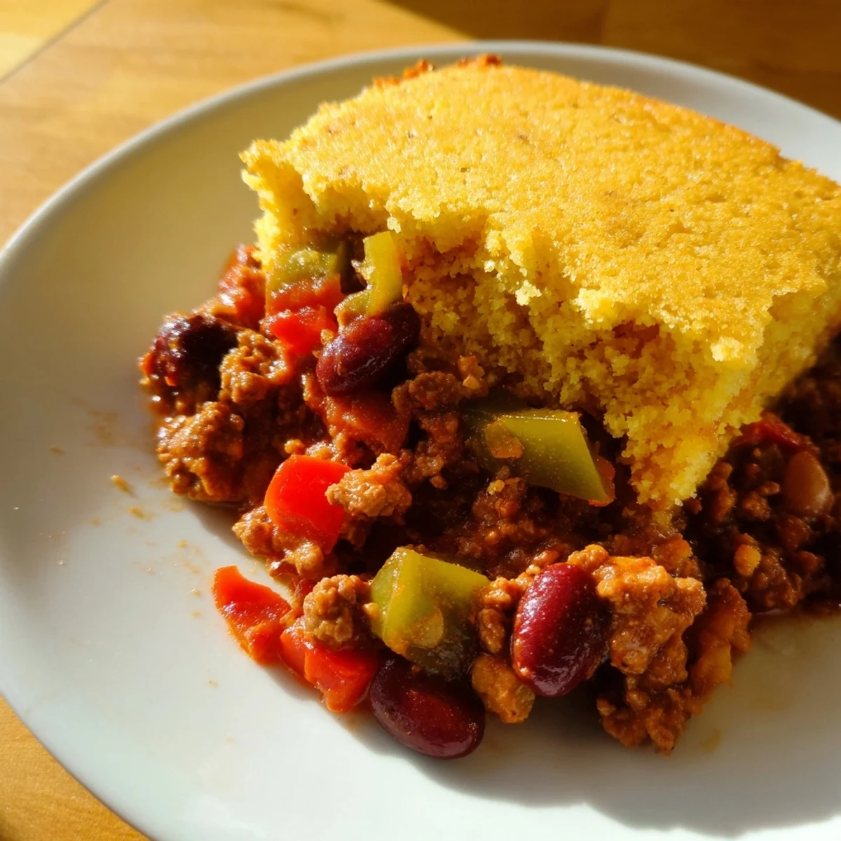 Hearty beef chili with sweet cornbread crust, served bubbling from the oven.  