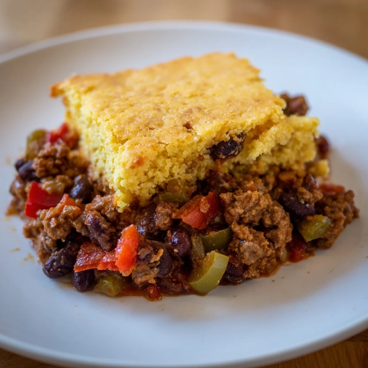 Beef Chili with Cornbread Topping, finished with melted butter and a golden crust.