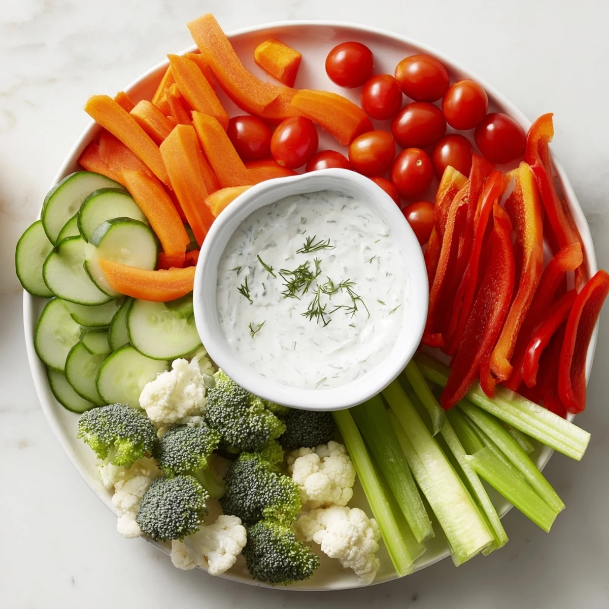 Colorful vegetable platter with creamy ranch dip, topped with fresh dill and chives, perfect for healthy snacking.