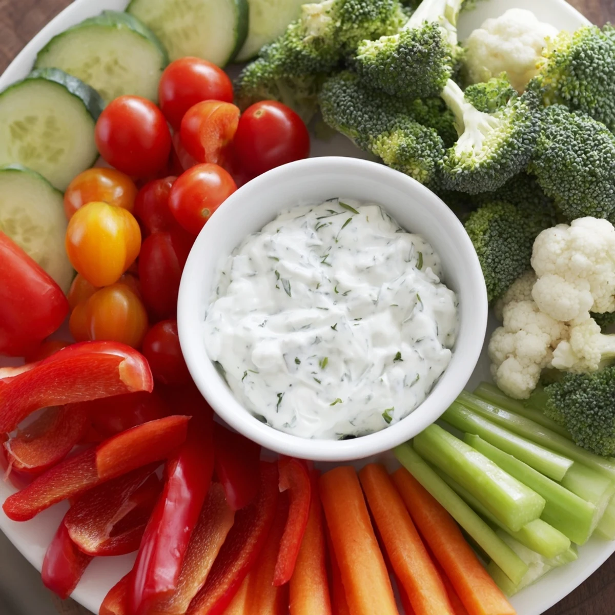 A vibrant fresh veggie tray with ranch dip, featuring crisp carrots, cucumbers, and tomatoes arranged for easy dipping.