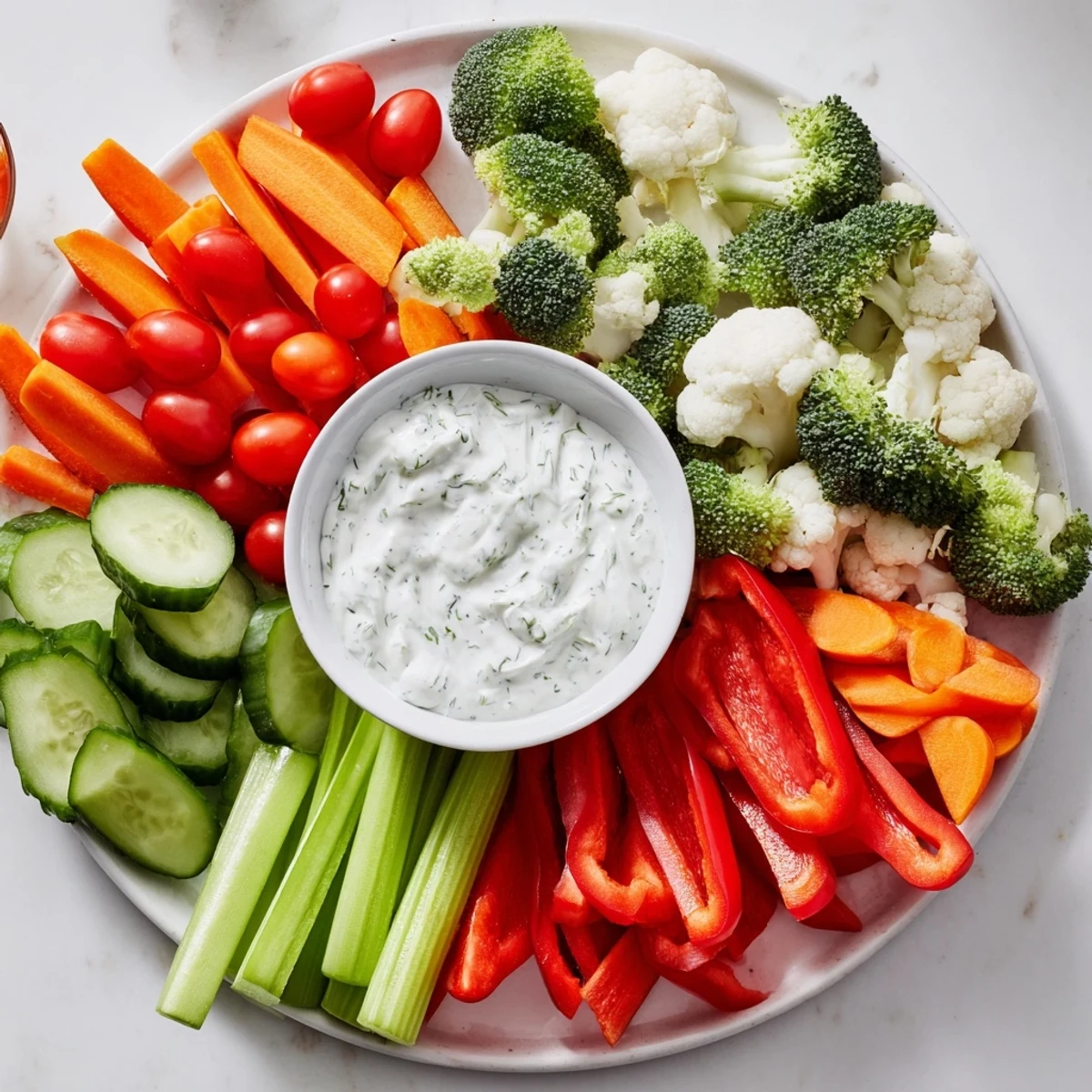 Homemade veggie tray with ranch dip, displaying crunchy broccoli, cauliflower, and bell peppers around a bowl of creamy dip.
