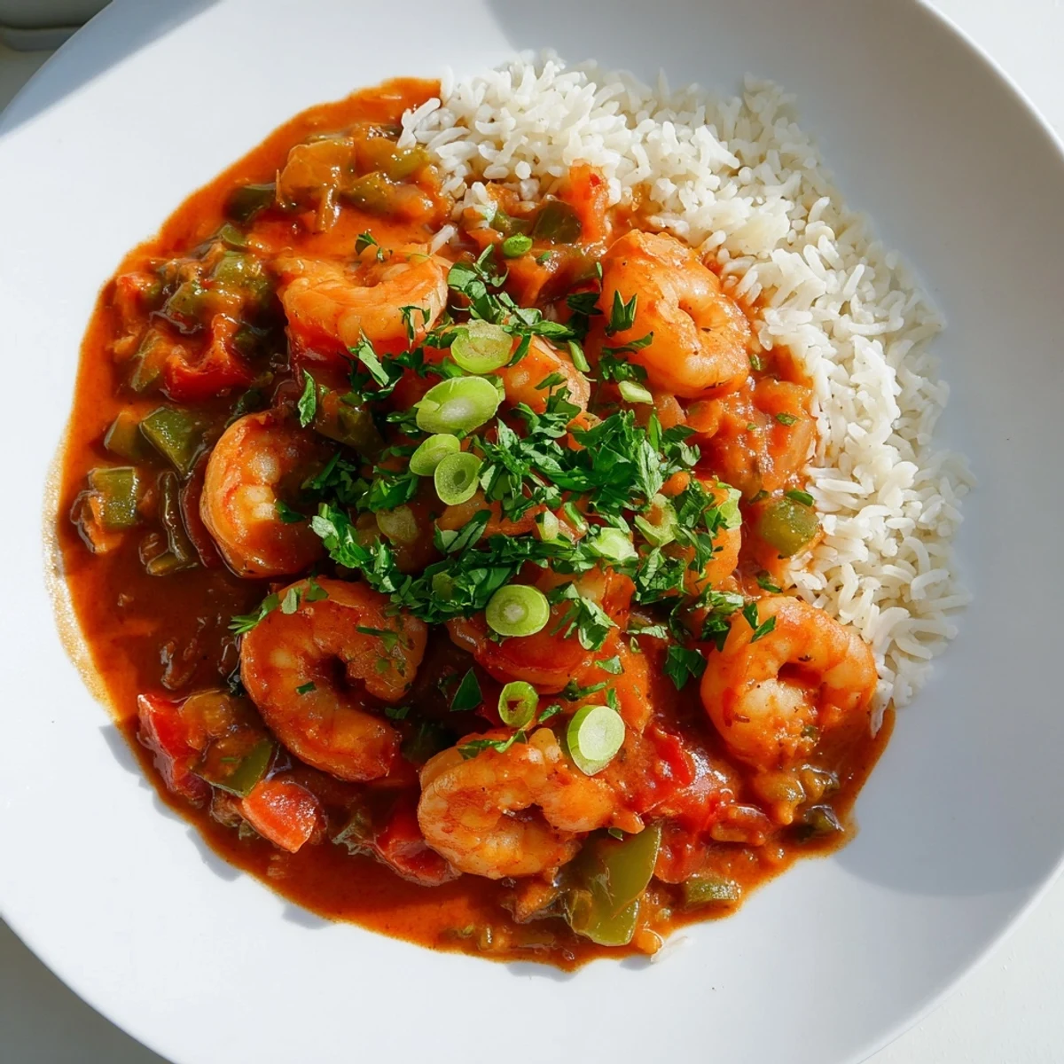 A vibrant Shrimp Creole main dish featuring plump shrimp in a rich, aromatic sauce alongside fluffy white rice, ready for a weeknight dinner.