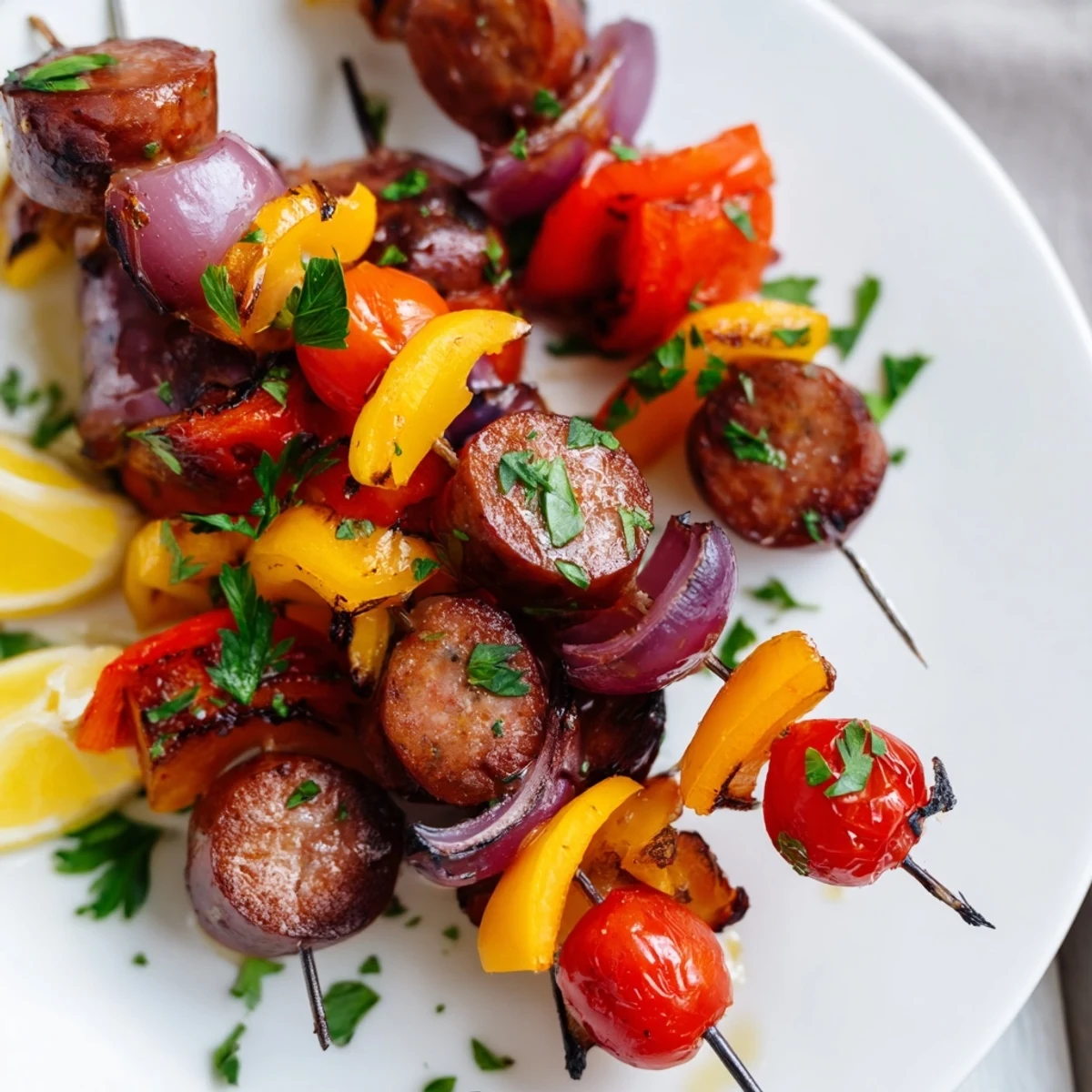 Grilled beef sausage skewers with colorful peppers and onions, charred and sizzling hot on a platter, garnished with fresh parsley.