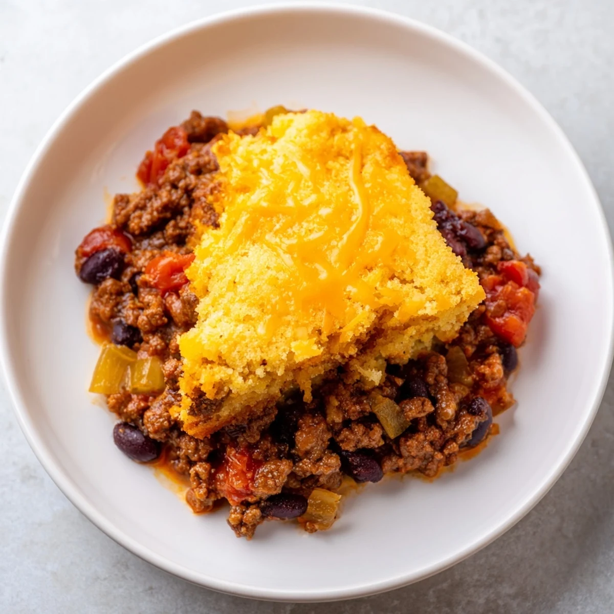 Golden cornbread topping bakes over a rich beef chili with beans in a rustic casserole dish.