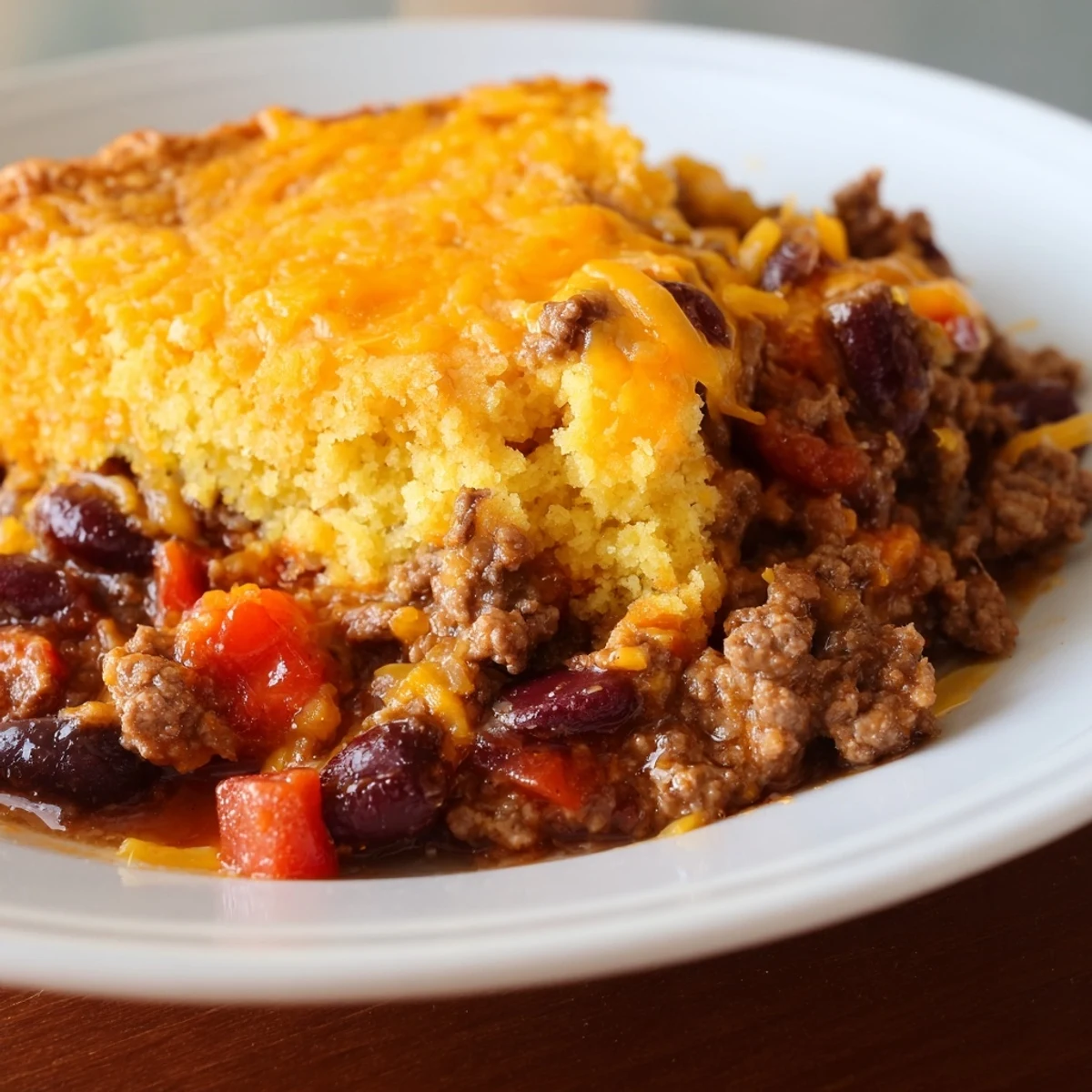 A hearty skillet of Beef chili with cornbread topping is garnished with fresh cilantro and scallions.