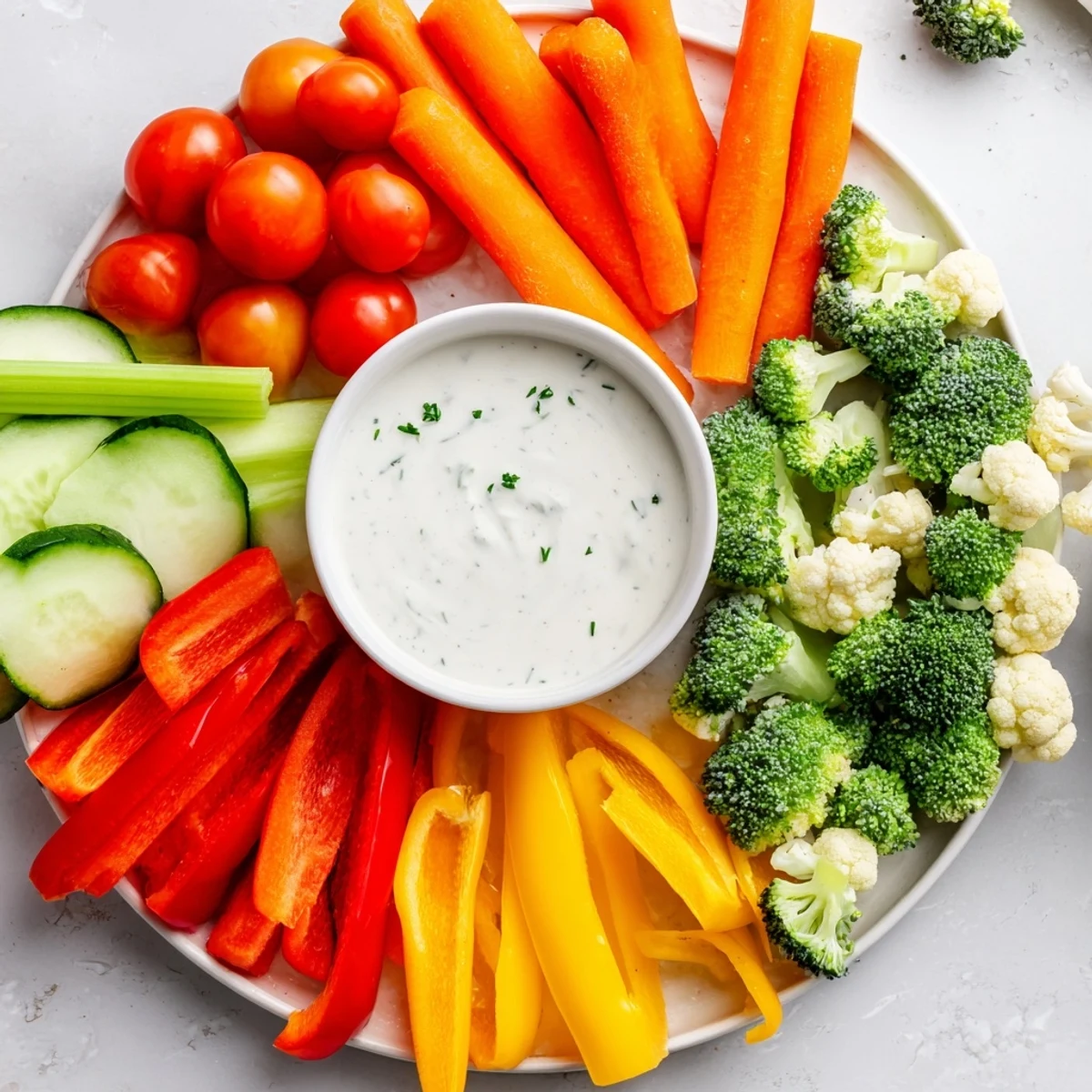 Colorful fresh vegetable platter with cherry tomatoes, carrots, cucumber slices, and creamy homemade ranch dip ready for dipping.