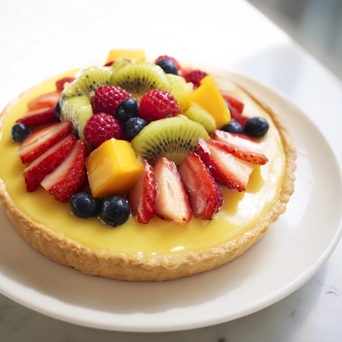Golden-brown tart shell filled with silky vanilla custard and topped with glossy, fresh mixed berries for a classic Fruit Tart with Vanilla Custard.