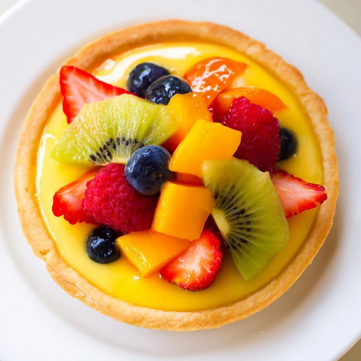Sliced strawberries, kiwi, and blueberries arranged artfully over the creamy vanilla custard of this vibrant Fruit Tart with Vanilla Custard.
