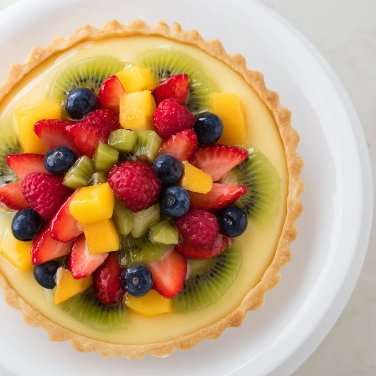 A close-up of the glossy Fruit Tart with Vanilla Custard, featuring crisp buttery crust and ripe mango slices brushed with apricot glaze.