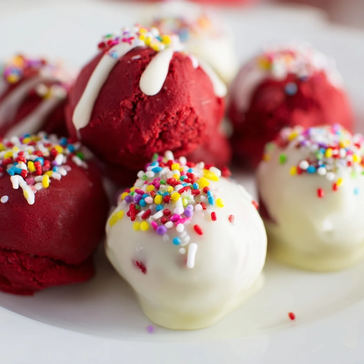 Moist, vibrant red velvet cake pops dipped in smooth white chocolate, showcasing a rich cream cheese center and perfect for parties.