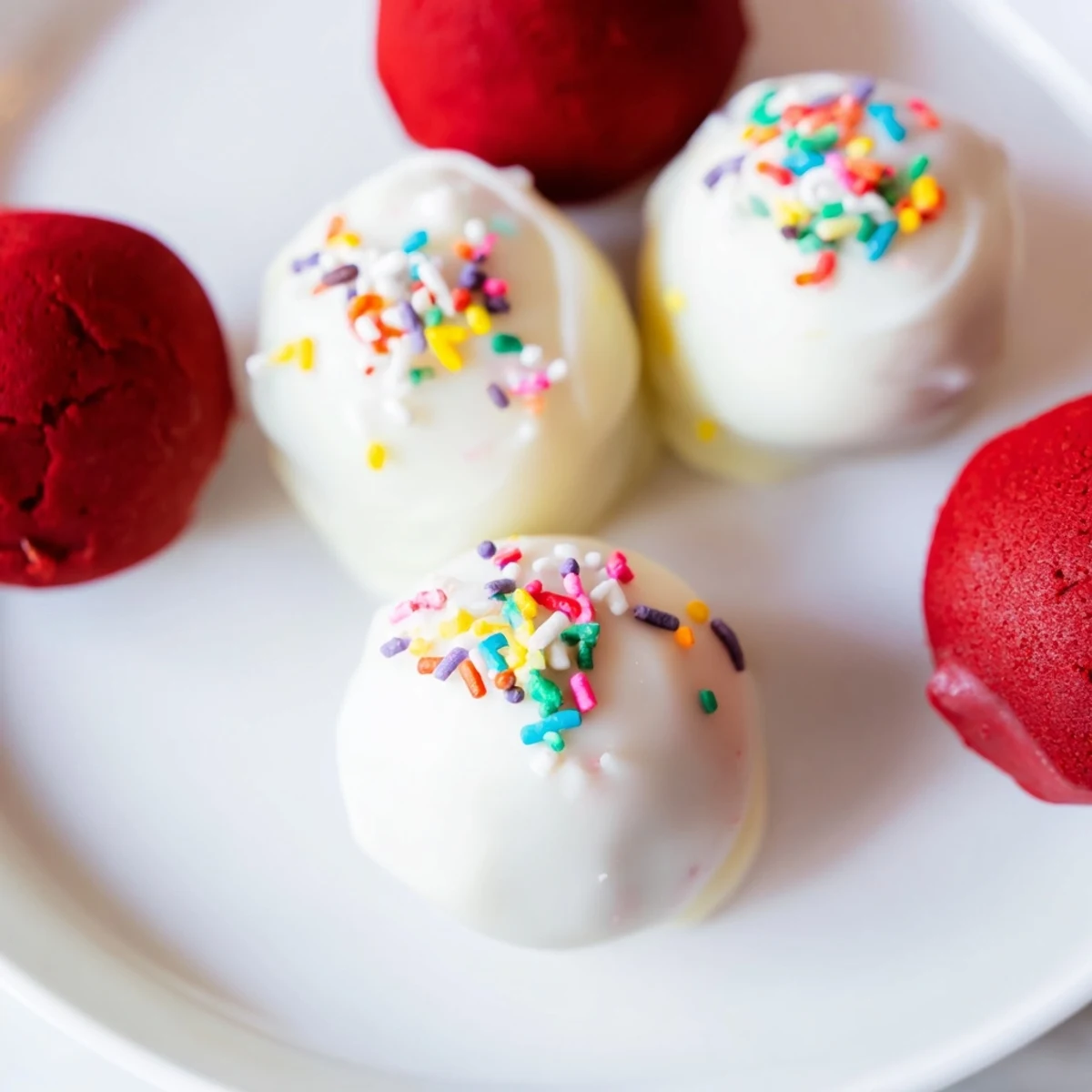 Deep red cake balls coated in glossy white chocolate, ready to serve as handheld treats on festive dessert tables.