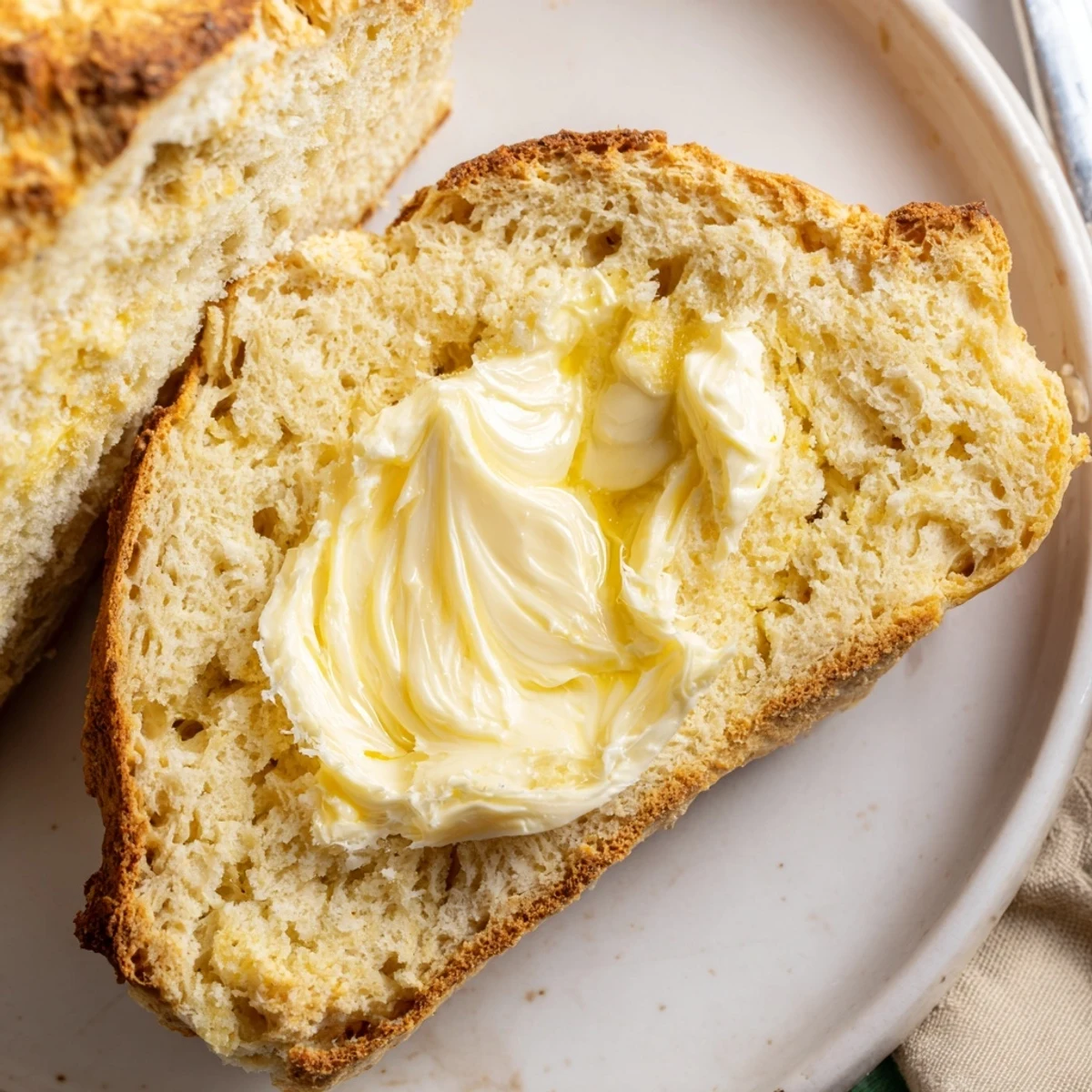 Warm slices of Irish Soda Bread with Irish Butter, showcasing a golden crust and soft, tender crumb for a cozy breakfast or snack.