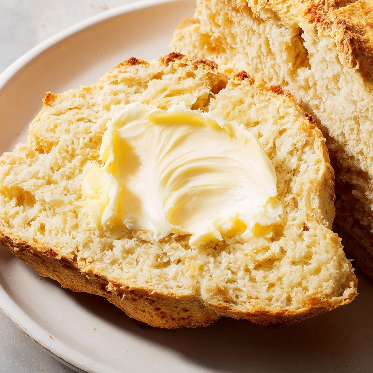Rustic Irish Soda Bread with a deep cross on top, paired with rich Irish butter on a wooden board for a traditional serving.