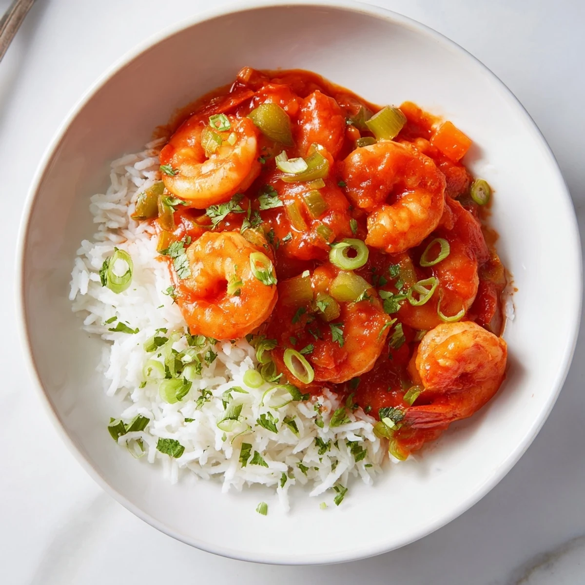 A bowl of Shrimp Creole with white rice, featuring tender shrimp in a rich tomato sauce with onions, peppers, and celery, garnished with fresh parsley and green onions.