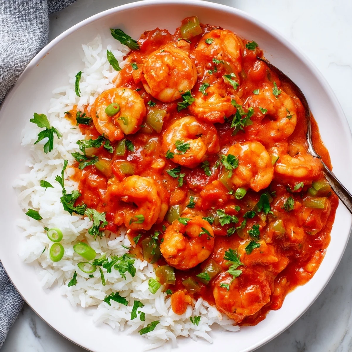 The vibrant red Shrimp Creole sauce simmers with plump shrimp and diced vegetables, served over a bed of fluffy white rice for a hearty Creole meal.