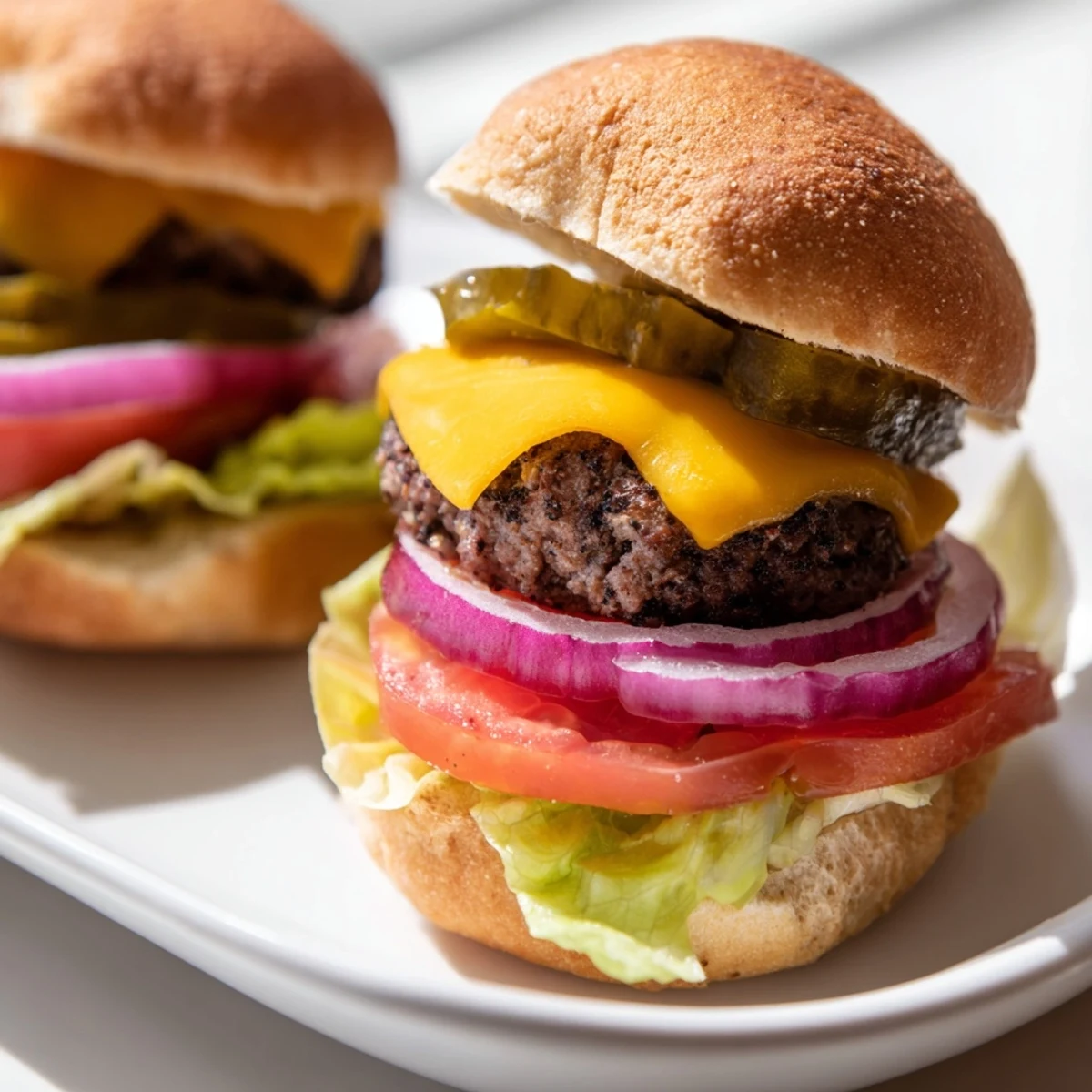 Freshly grilled Beef Sliders with Cheddar Cheese on soft buns, topped with crisp lettuce and tomato for game day.