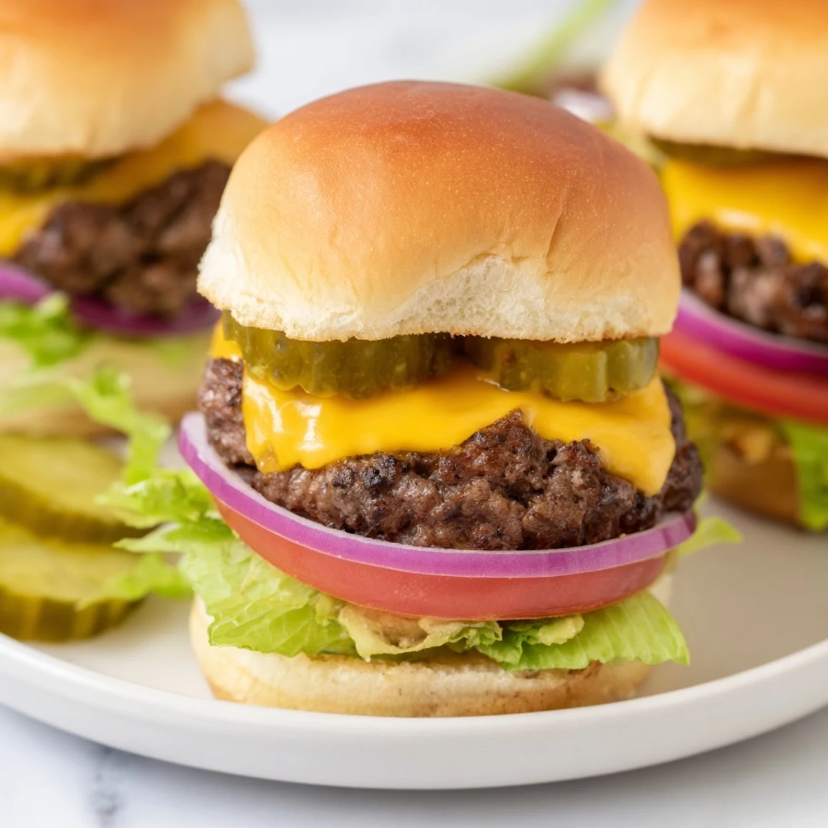 Golden brown Beef Sliders with Cheddar Cheese, garnished with pickles and onions, resting on a platter ready to serve.