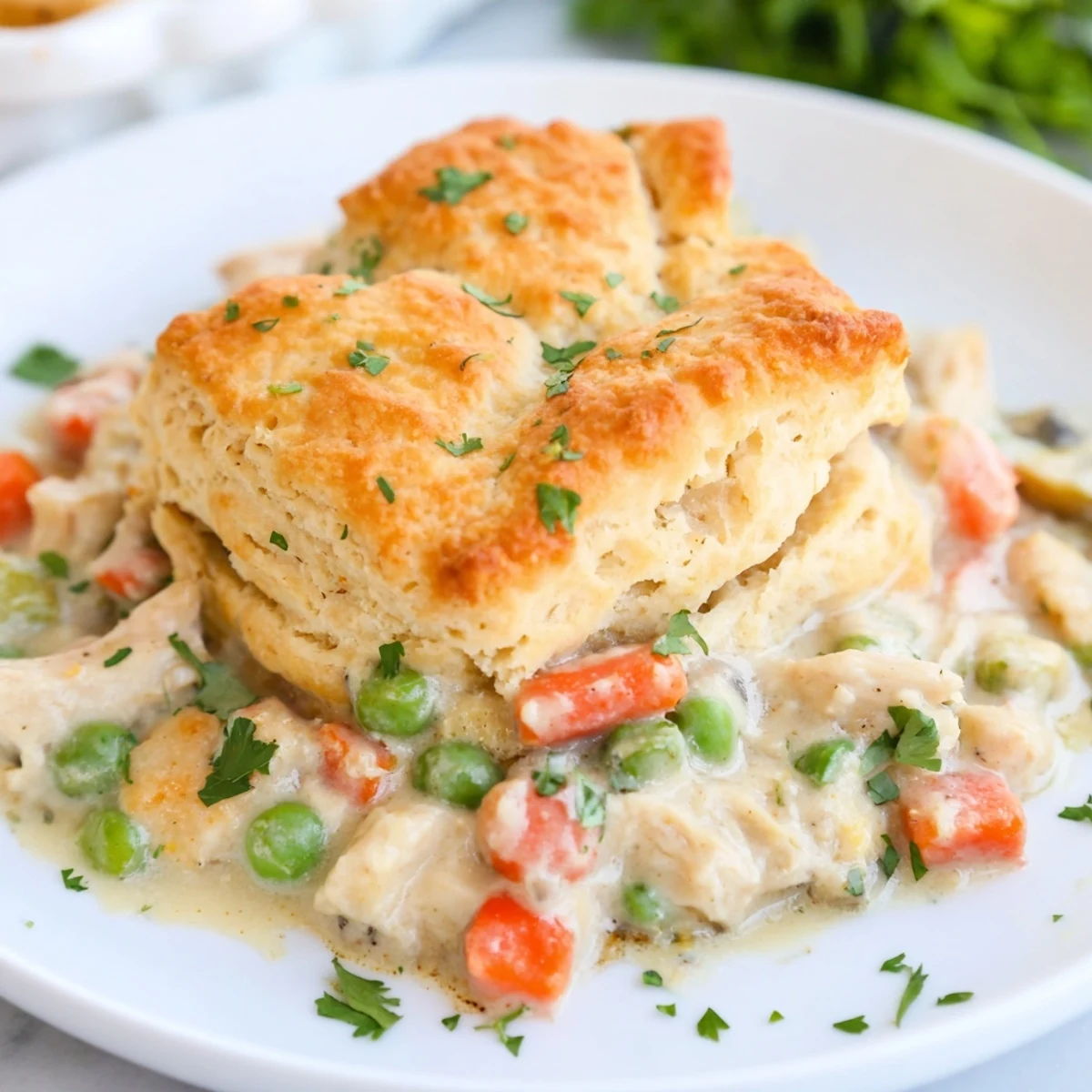 A comforting Chicken Pot Pie with Biscuit Crust, ready to serve with a fresh green salad.