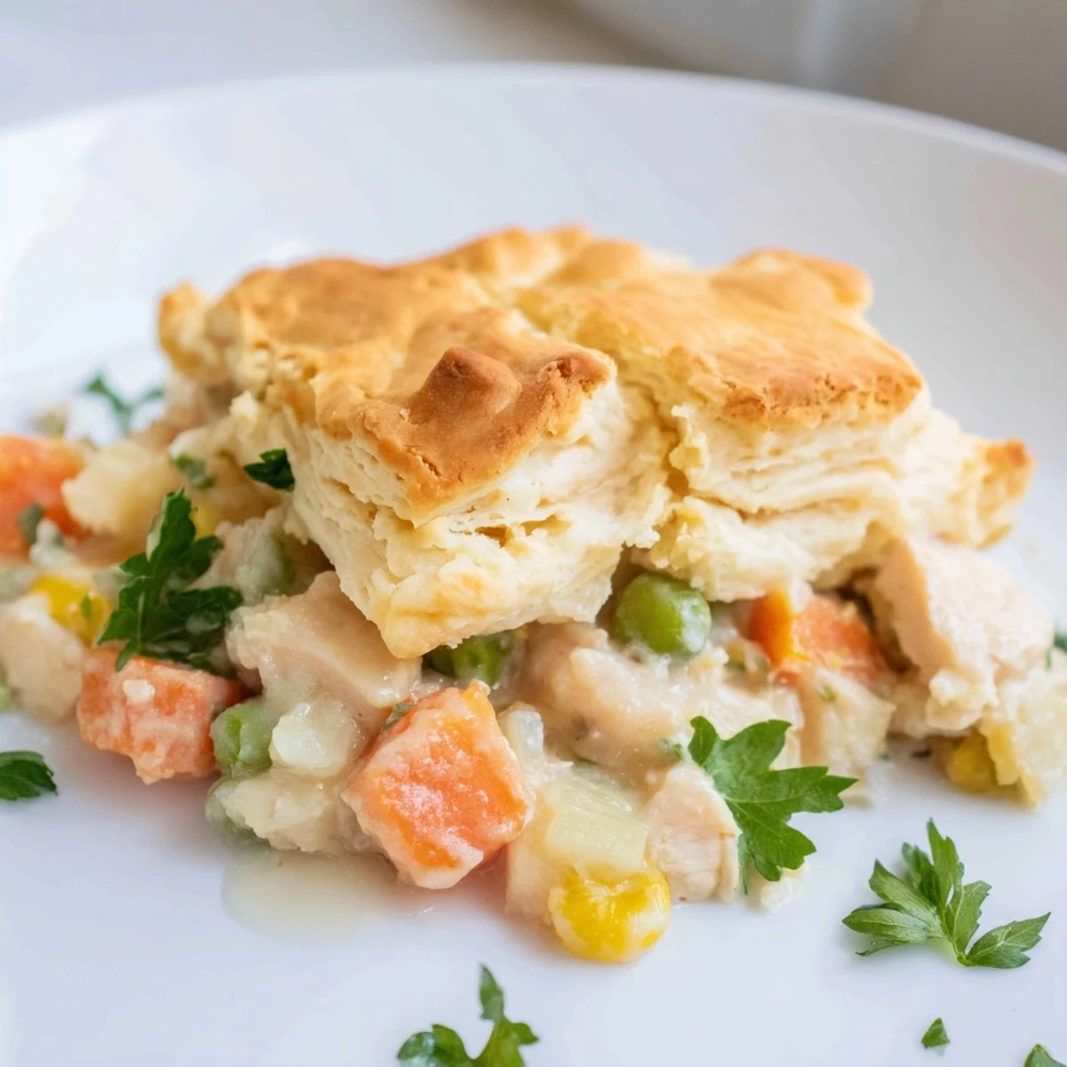 Golden, flaky biscuit crust bubbling over creamy chicken pot pie filling in a rustic dish.