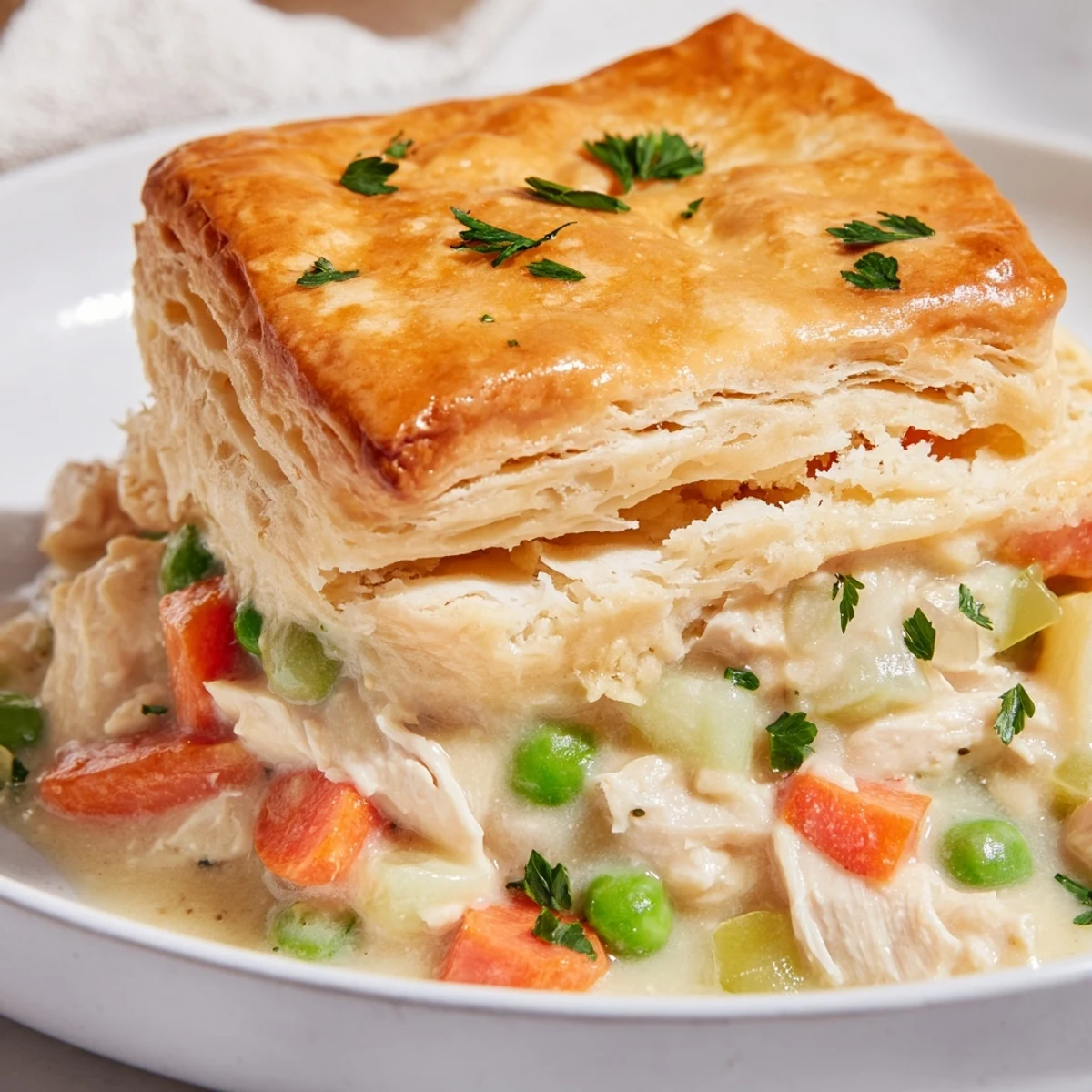 Tender chicken, carrots, and peas peek through the golden biscuit topping of this homemade pot pie.