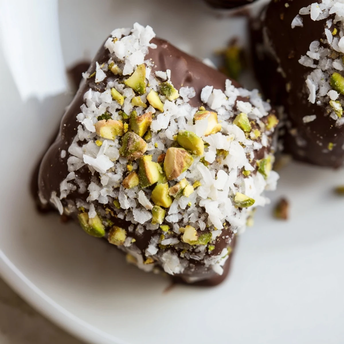 Freshly dipped Chocolate Dipped Marshmallows rest on a parchment-lined baking sheet, their glossy chocolate coating speckled with crushed pistachios and flaky sea salt for a sweet-salty crunch.  