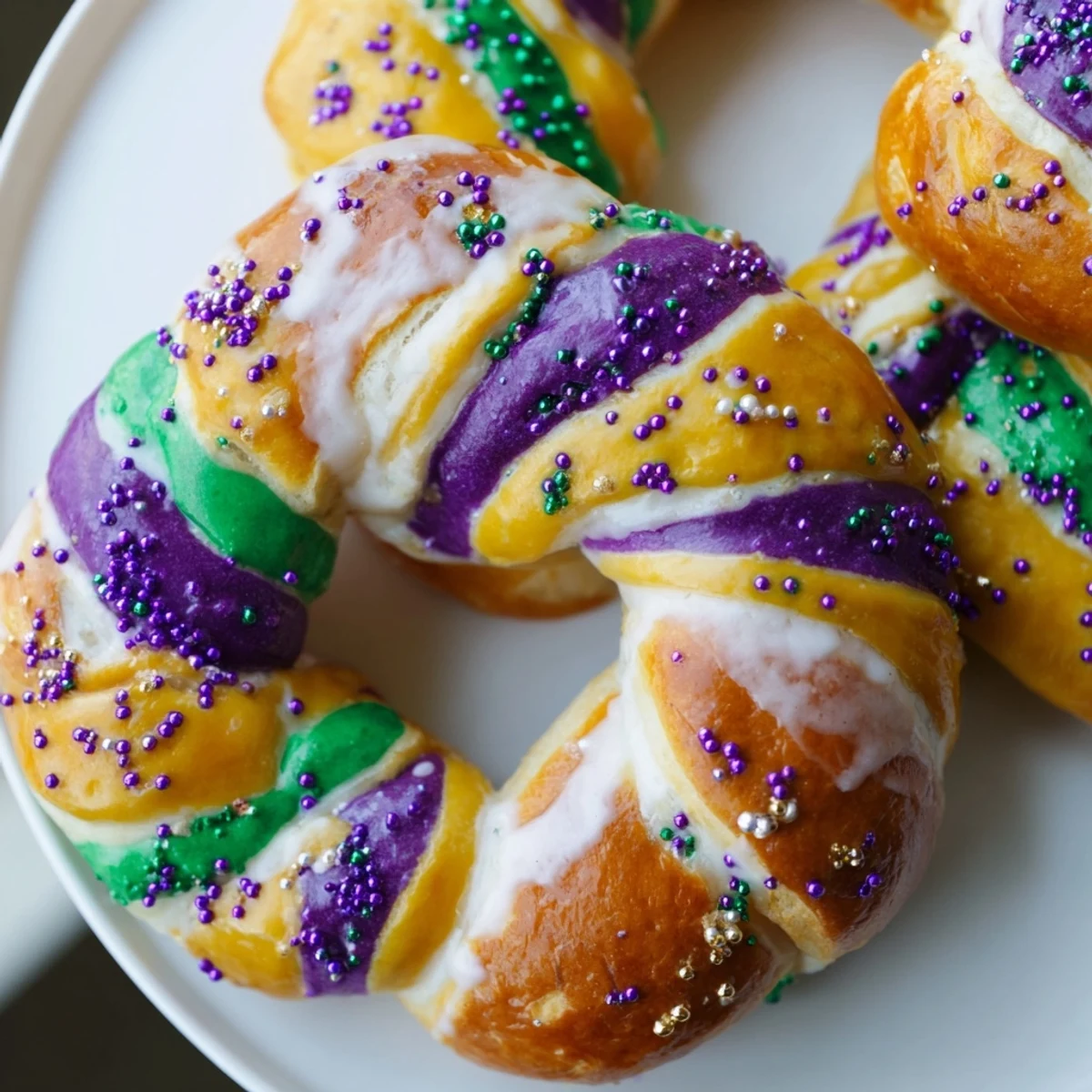 Freshly baked Mardi Gras King Cake Bagels with vibrant purple, green, and gold swirls on a wooden board.