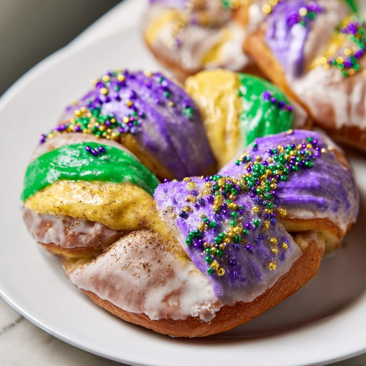 Warm Mardi Gras King Cake Bagels paired with coffee, perfect for a festive brunch or breakfast celebration.