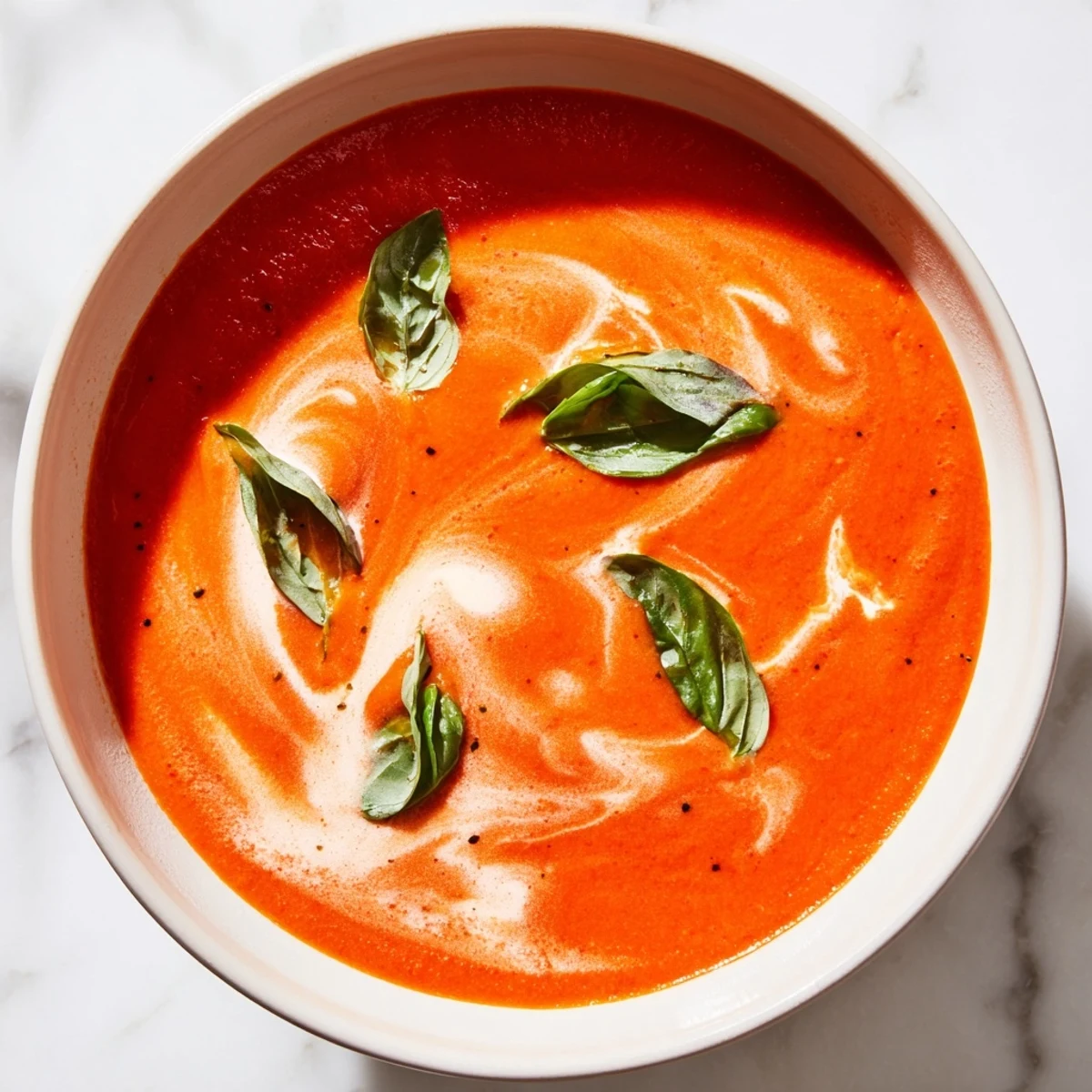 Creamy tomato soup with basil in a rustic bowl, served alongside a grilled cheese sandwich for dipping.