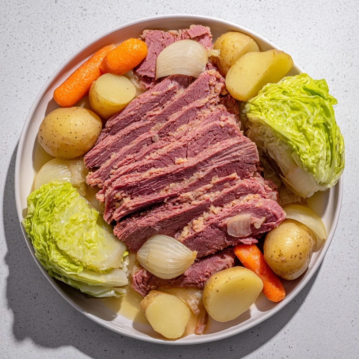 Slow-simmered Corned Beef Pot Roast with tender vegetables in a savory broth, perfect for a hearty family dinner.