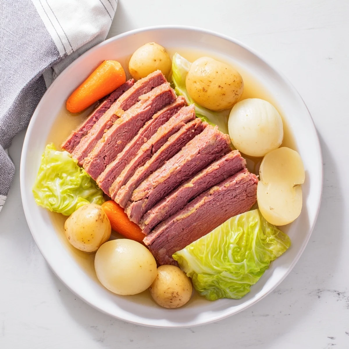 Fork-tender Corned Beef Pot Roast with carrots, potatoes, and cabbage served warm with a ladle of flavorful broth.