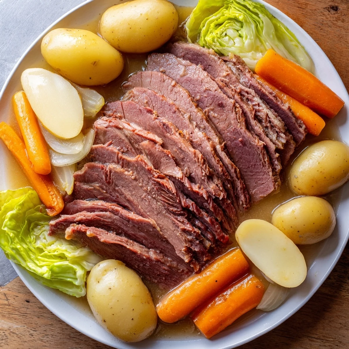 Sliced Corned Beef Pot Roast plated with glazed carrots and potatoes, garnished with herbs and ready to enjoy.