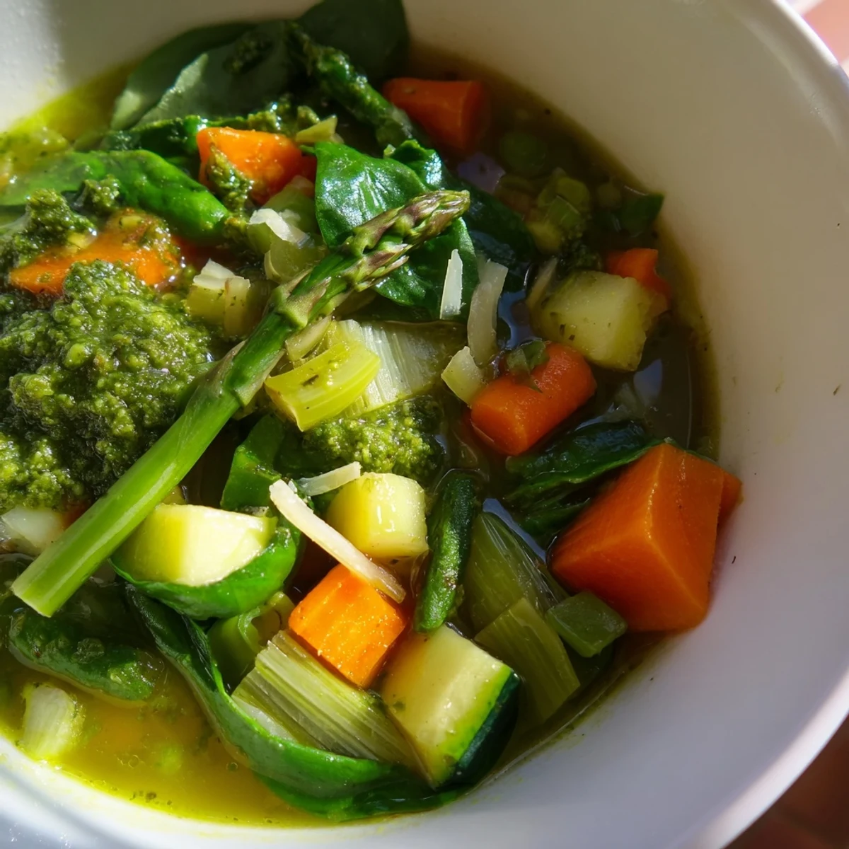 A vibrant bowl of Spring Vegetable Soup with Pesto, topped with a swirl of bright green basil sauce and tender asparagus tips.